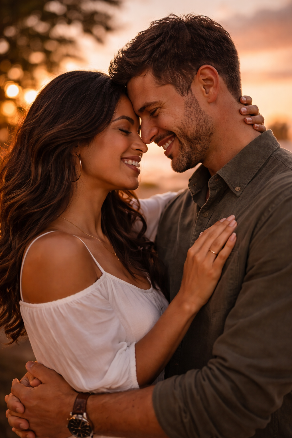 Couple sharing an intimate golden hour embrace