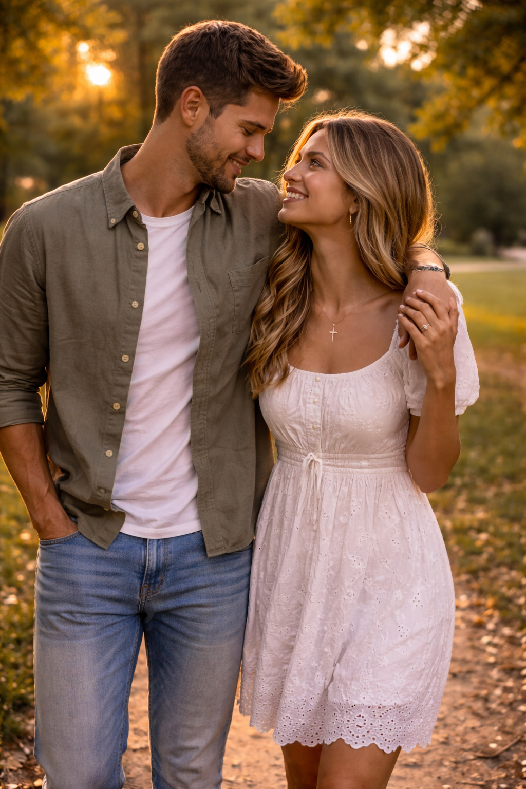 Couple walking together in a sunlit park