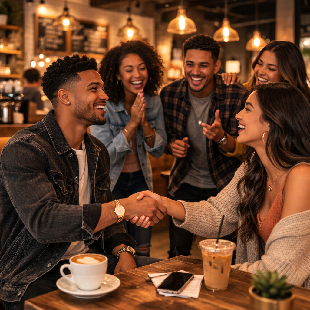 Friends introducing two people at a coffee shop