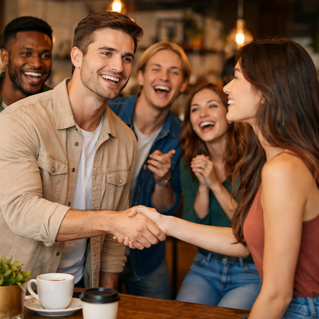 Friends cheering as two people connect