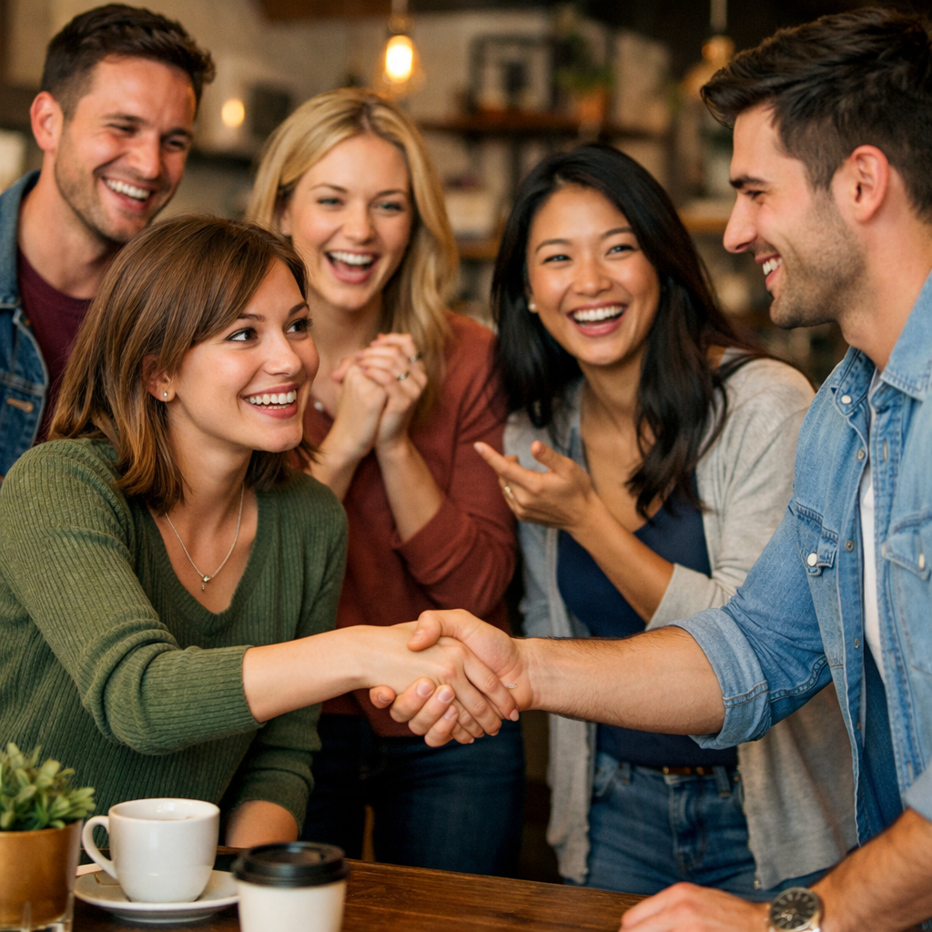 A group of friends celebrating a successful match