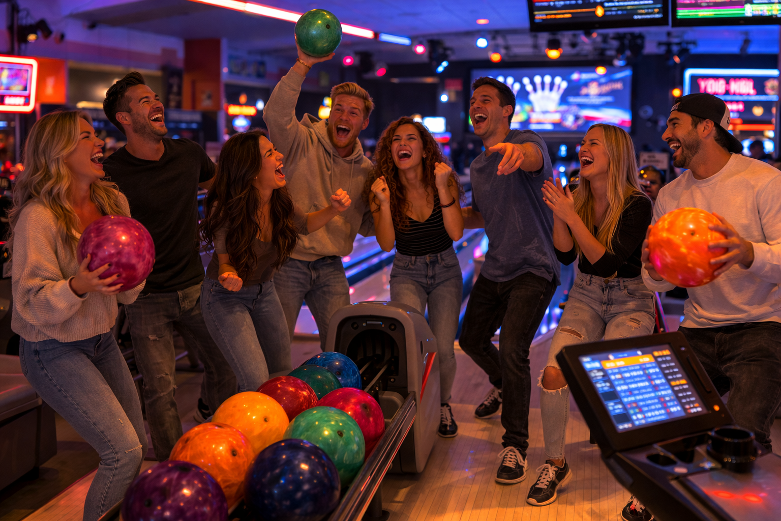 Friends bowling together