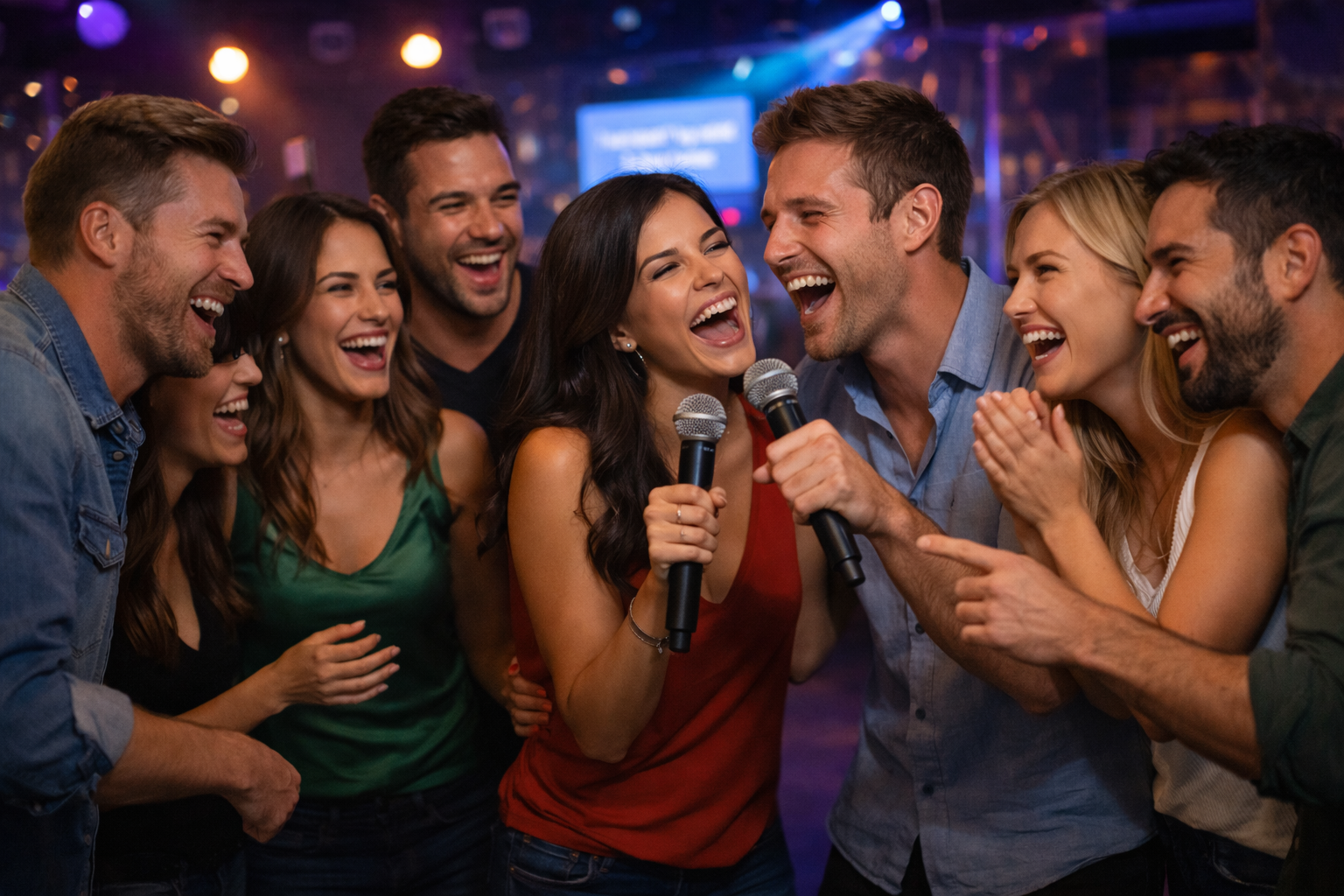 Friends singing karaoke together